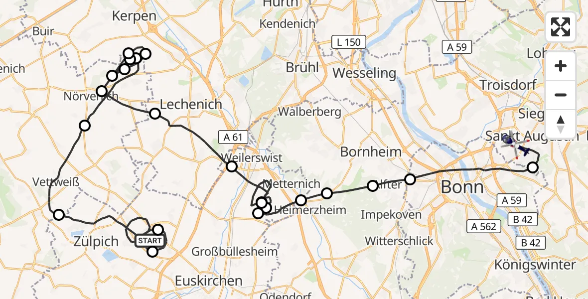 Flugroute Polizeihubschrauber Zülpich - Bonn-Hangelar Flugplatz, 31 August 2026, 08:55