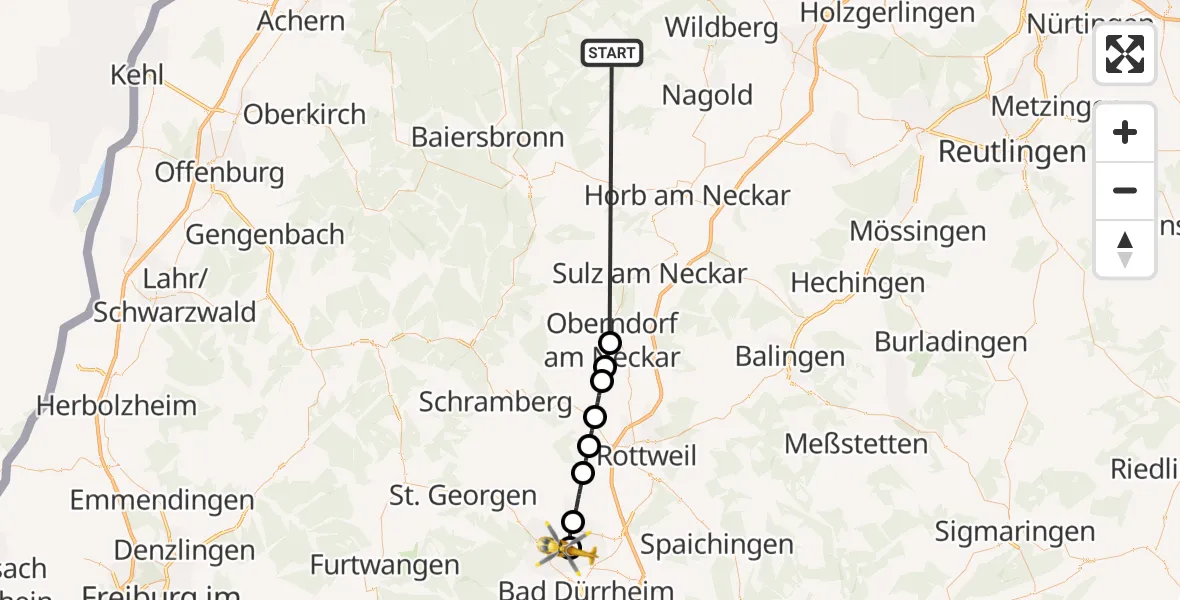Flugroute Ambulanzhubschrauber Altensteig - DRF Air Rescue Station Villingen-Schwenningen Hubschrauberlandeplatz (Christoph 11), 31 August 2026, 09:17