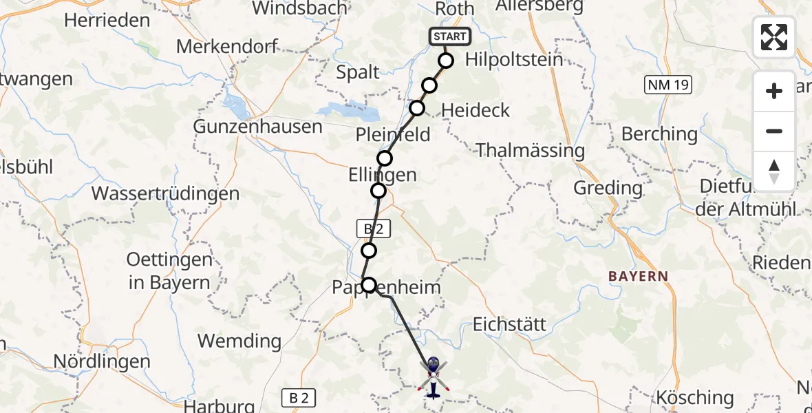 Flugroute Polizeihubschrauber Roth - Wellheim, 31 August 2026, 09:22