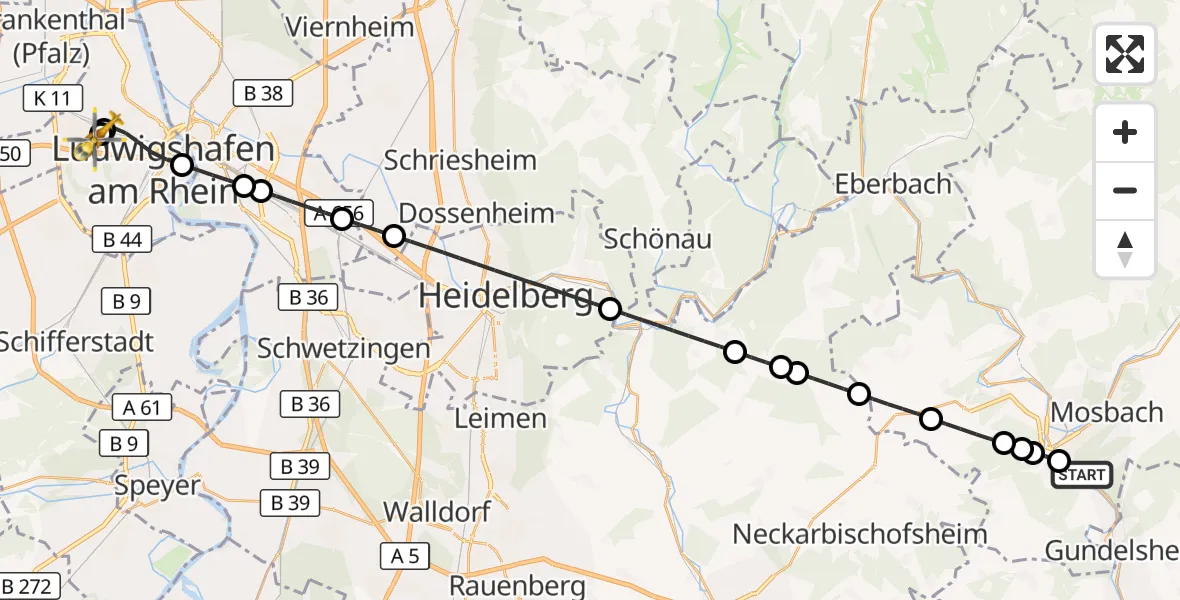 Flugroute Rettungshubschrauber Neckarzimmern - Ludwigshafen Accident Hospital, 31 August 2026, 09:22