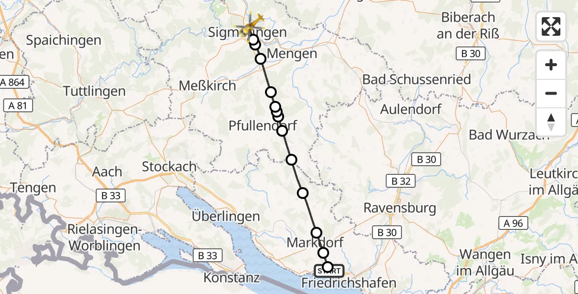 Flugroute Rettungshubschrauber Friedrichshafen Hospital - Sigmaringen, 31 August 2026, 09:26