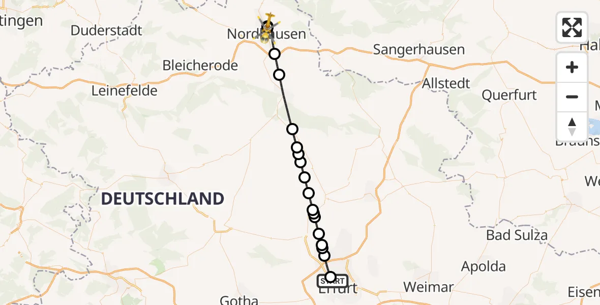 Flugroute Rettungshubschrauber Helios Clinic Erfurt - Südharz Hospital Nordhausen, 31 August 2026, 09:27