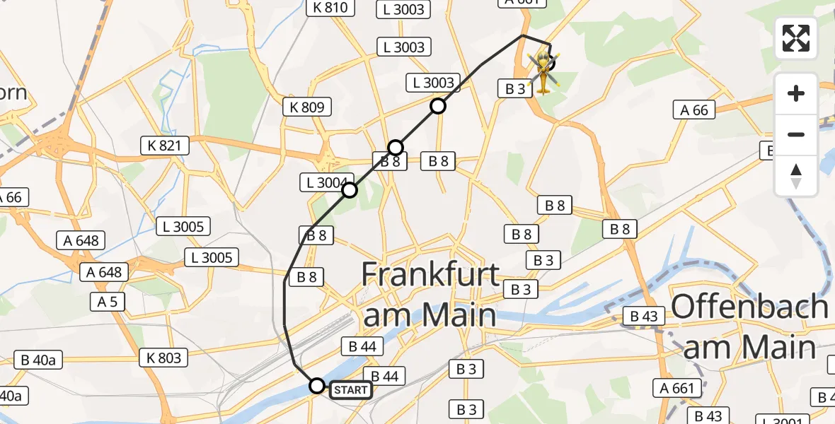 Flugroute Rettungshubschrauber Frankfurt University Hospital - Frankfurt am Main Accident Hospital Roof Helipad (CHX2), 31 August 2026, 09:30
