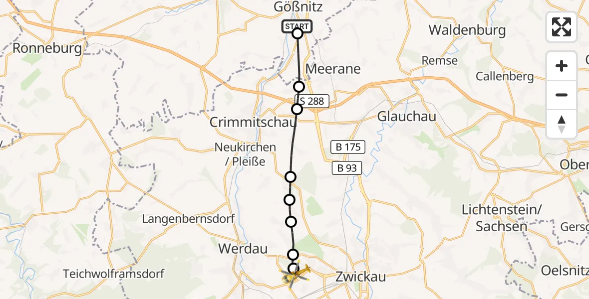 Flugroute Rettungshubschrauber Gößnitz - ADAC Air Rescue Station Zwickau Hubschrauberlandeplatz, 31 August 2026, 09:34