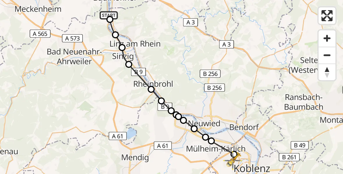 Flugroute Rettungshubschrauber Remagen - Koblenz, 31 August 2026, 09:37