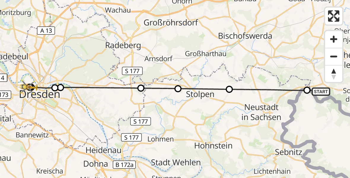 Flugroute Rettungshubschrauber Steinigtwolmsdorf - Dresden Friedrichstadt Hospital, 31 August 2026, 09:43