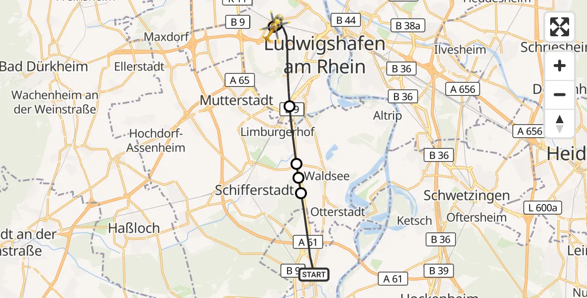 Flugroute Rettungshubschrauber Speyer - Ludwigshafen Accident Hospital, 31 August 2026, 09:50