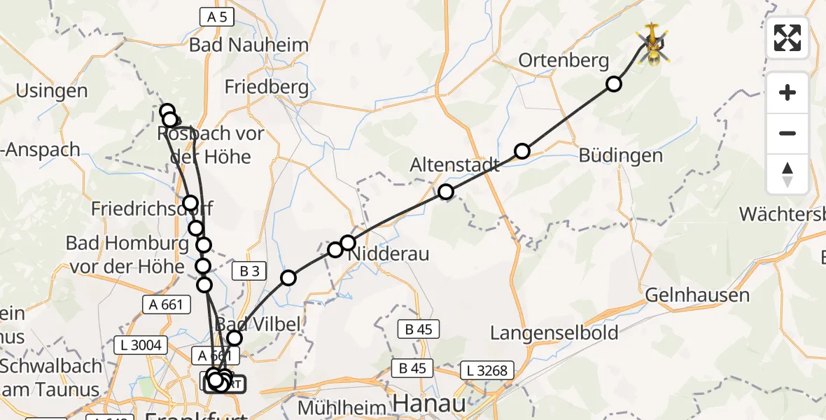 Flugroute Rettungshubschrauber Frankfurt am Main Accident Hospital Roof Helipad (CHX2) - Ortenberg, 31 August 2026, 09:53