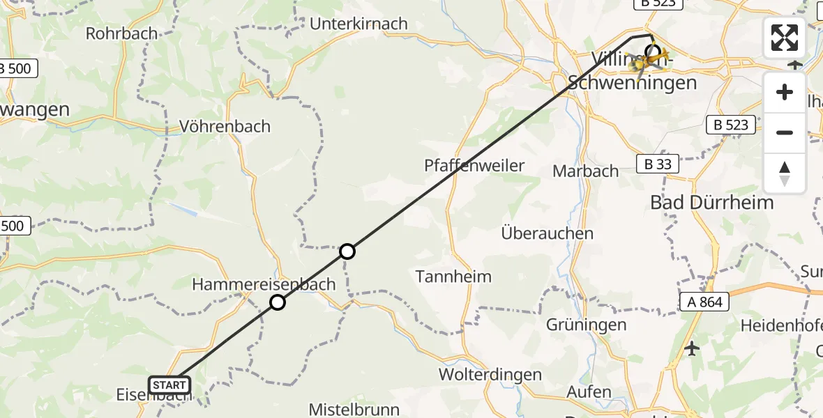 Flugroute Ambulanzhubschrauber Eisenbach (Hochschwarzwald) - DRF Air Rescue Station Villingen-Schwenningen Hubschrauberlandeplatz (Christoph 11), 31 August 2026, 10:26
