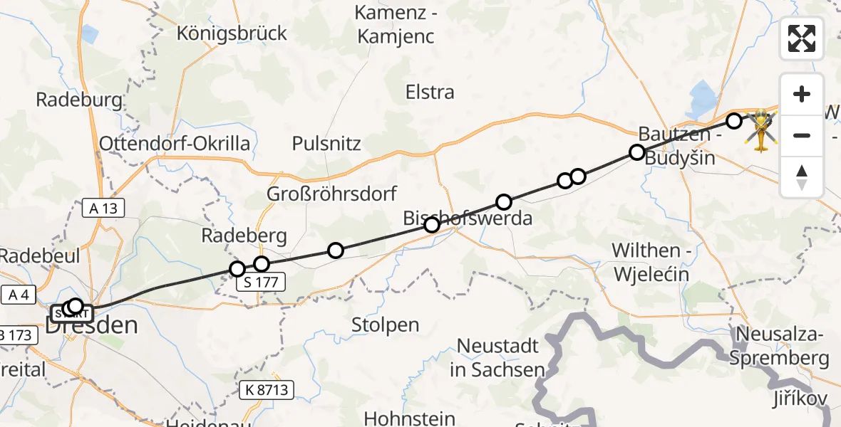 Flugroute Rettungshubschrauber Dresden Friedrichstadt Hospital - Bautzen Flugplatz, 31 August 2026, 10:30