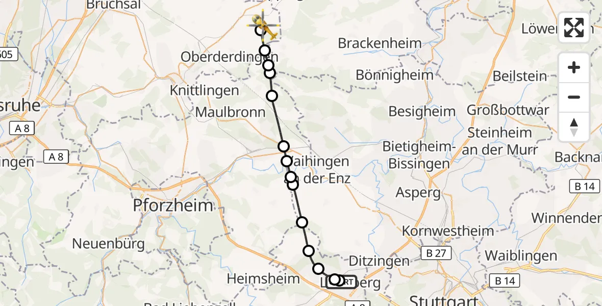 Flugroute Rettungshubschrauber Leonberg Hospital - Sulzfeld, 31 August 2026, 10:32