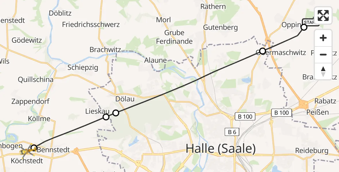 Flugroute Rettungshubschrauber Halle-Oppin Flugplatz - Teutschenthal, 31 August 2026, 10:41