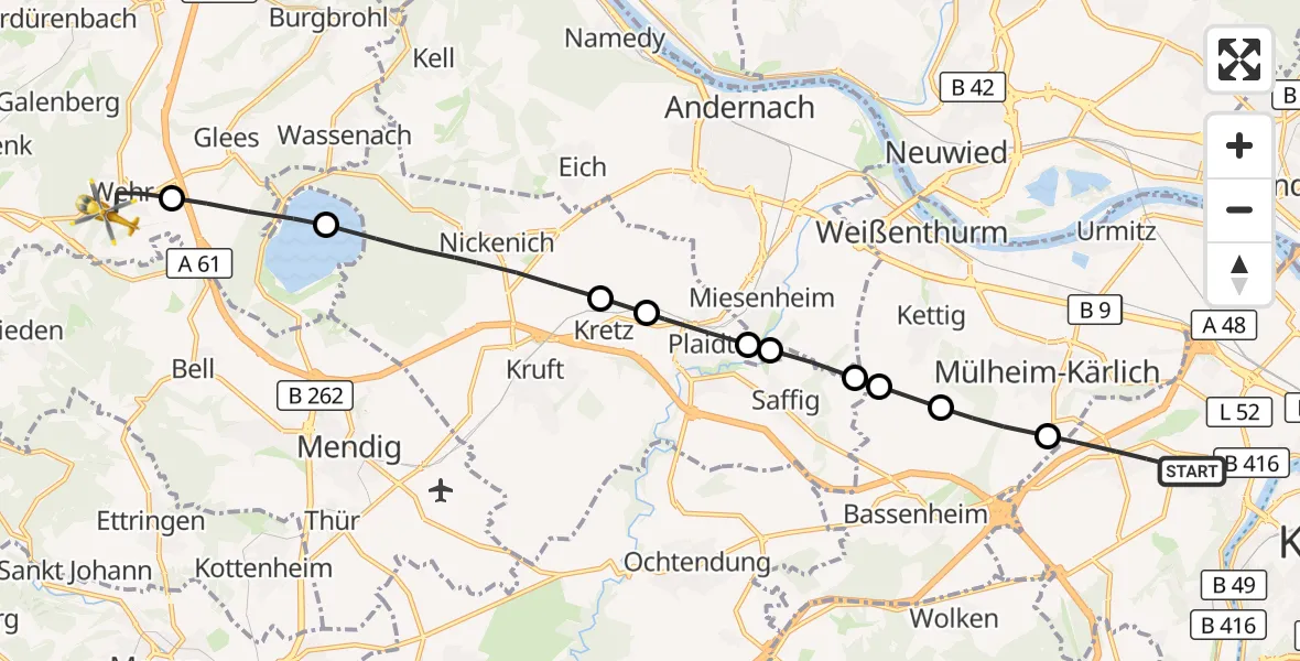 Flugroute Rettungshubschrauber Koblenz - Wehr, 31 August 2026, 10:42