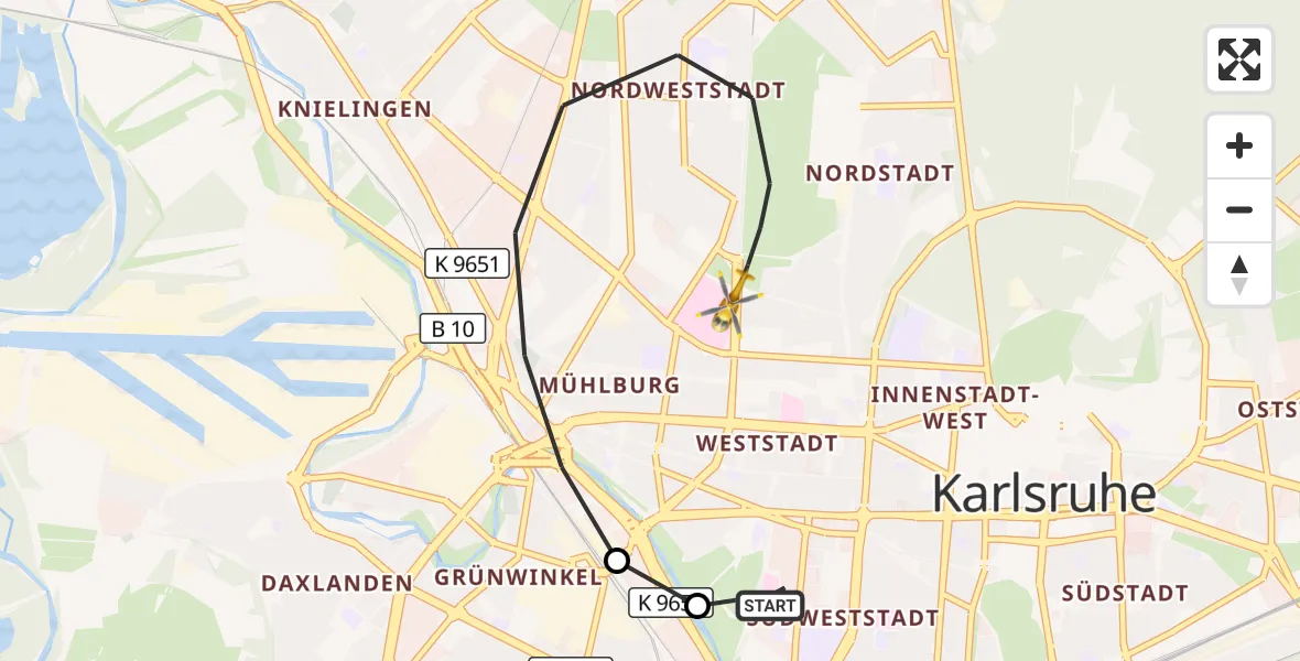Flugroute Ambulanzhubschrauber Sankt Vincentius Hospital - Karlsruhe, 31 August 2026, 10:44