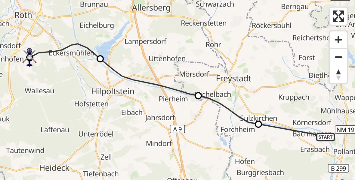 Flugroute Polizeihubschrauber Mühlhausen - Flugplatz Roth, 31 August 2026, 10:44