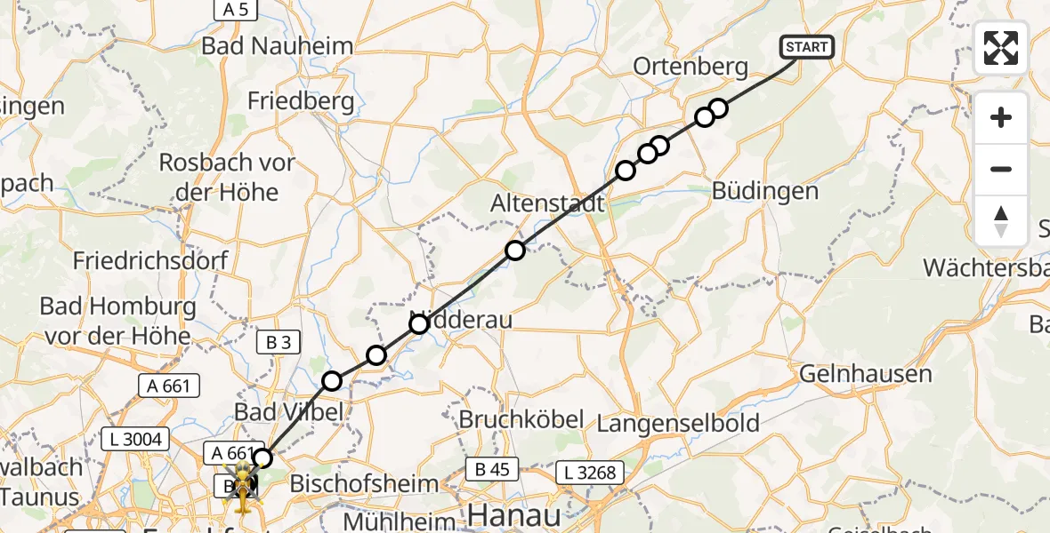 Flugroute Rettungshubschrauber Ortenberg - Frankfurt am Main Accident Hospital Roof, 31 August 2026, 10:44