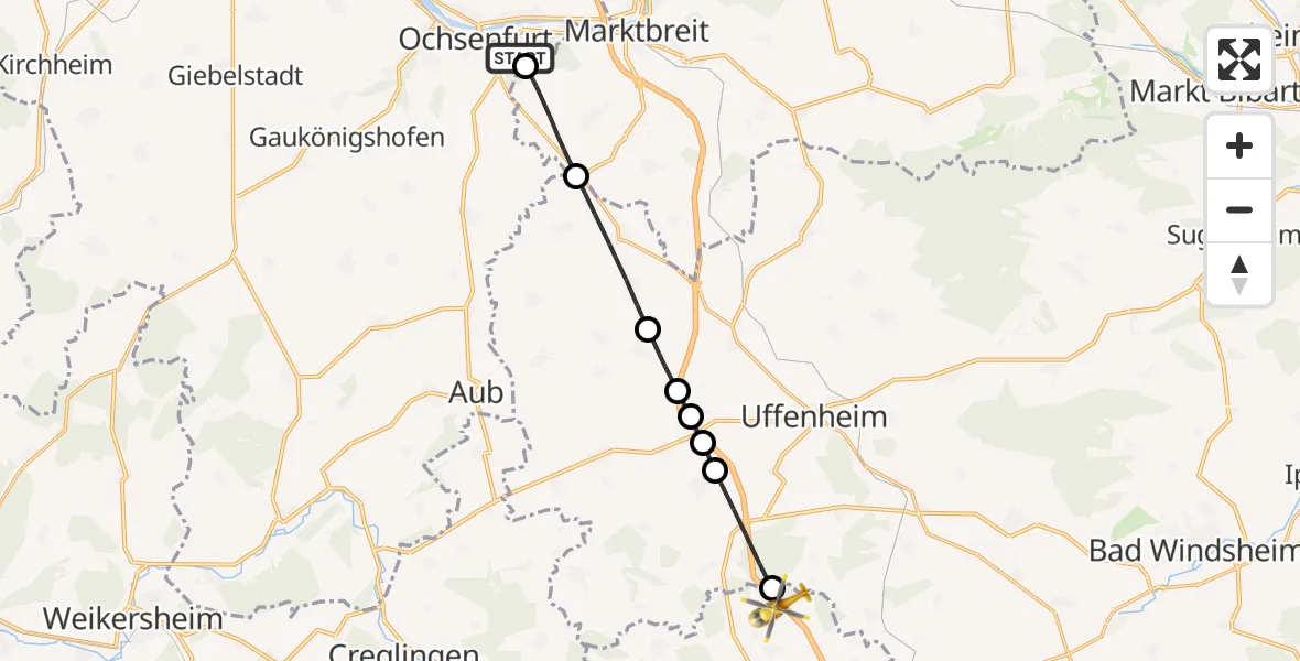 Flugroute Rettungshubschrauber Ochsenfurt Hospital - Ohrenbach, 31 August 2026, 10:50
