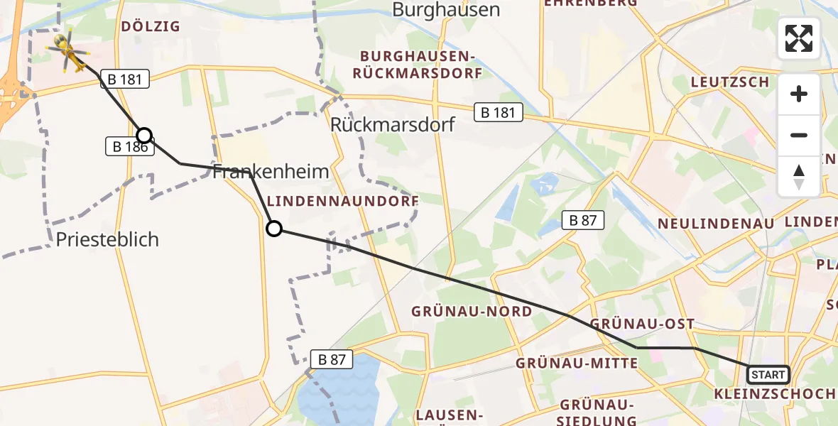 Flugroute Rettungshubschrauber Leipzig - ADAC Air Rescue Station Leipzig/Schkeuditz-Dölzig Hubschrauberlandeplatz (Christoph 61), 31 August 2026, 10:55