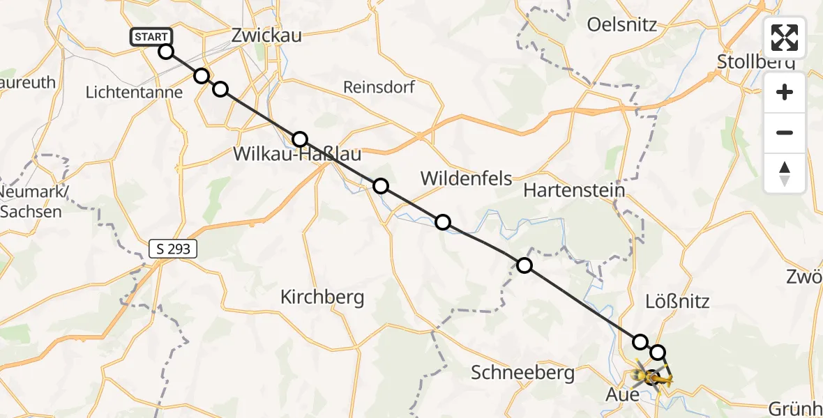 Flugroute Rettungshubschrauber ADAC Air Rescue Station Zwickau Hubschrauberlandeplatz - Helios Clinic Aue, 31 August 2026, 11:01