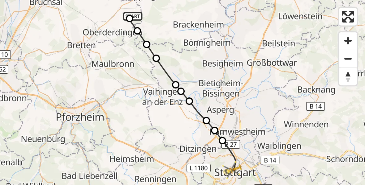 Flugroute Rettungshubschrauber Sulzfeld - Stuttgart, 31 August 2026, 11:05