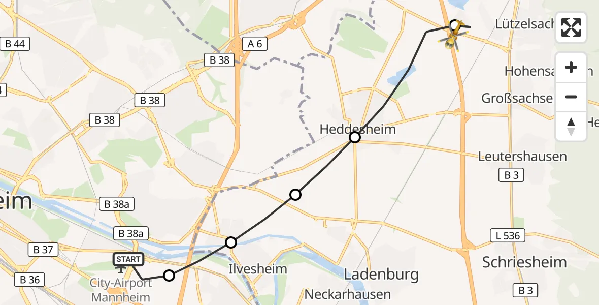 Flugroute Rettungshubschrauber Mannheim-City Flughafen - Weinheim, 31 August 2026, 11:14