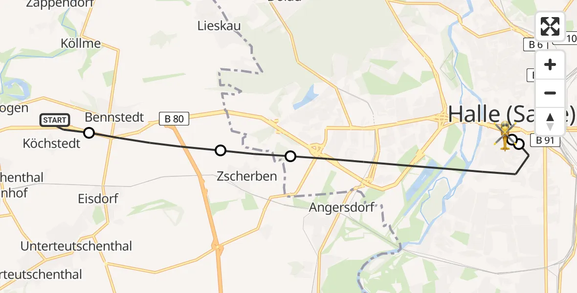 Flugroute Rettungshubschrauber Teutschenthal - Sankt Elisabeth and Sankt Barbara Hospital Halle (Saale), 31 August 2026, 11:14