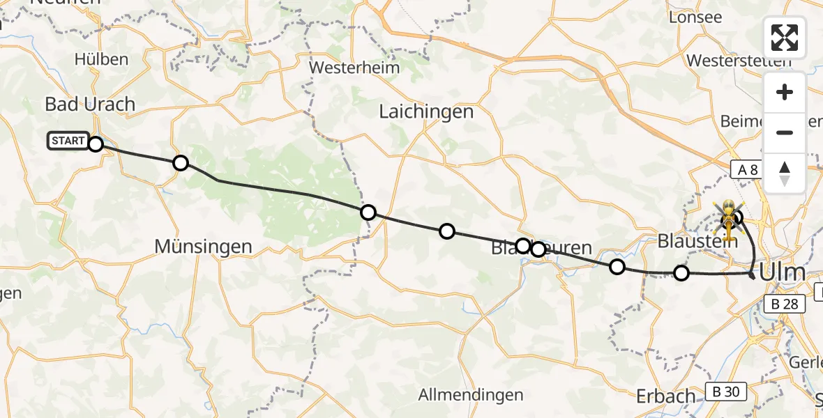 Flugroute Rettungshubschrauber St. Johann - ADAC Air Rescue Station Ulm (Christoph 22), 31 August 2026, 11:21