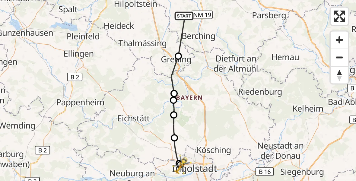 Flugroute Rettungshubschrauber Berching - Ingolstadt Hospital, 31 August 2026, 11:23