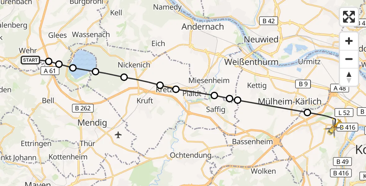 Flugroute Rettungshubschrauber Wehr - Koblenz, 31 August 2026, 11:27