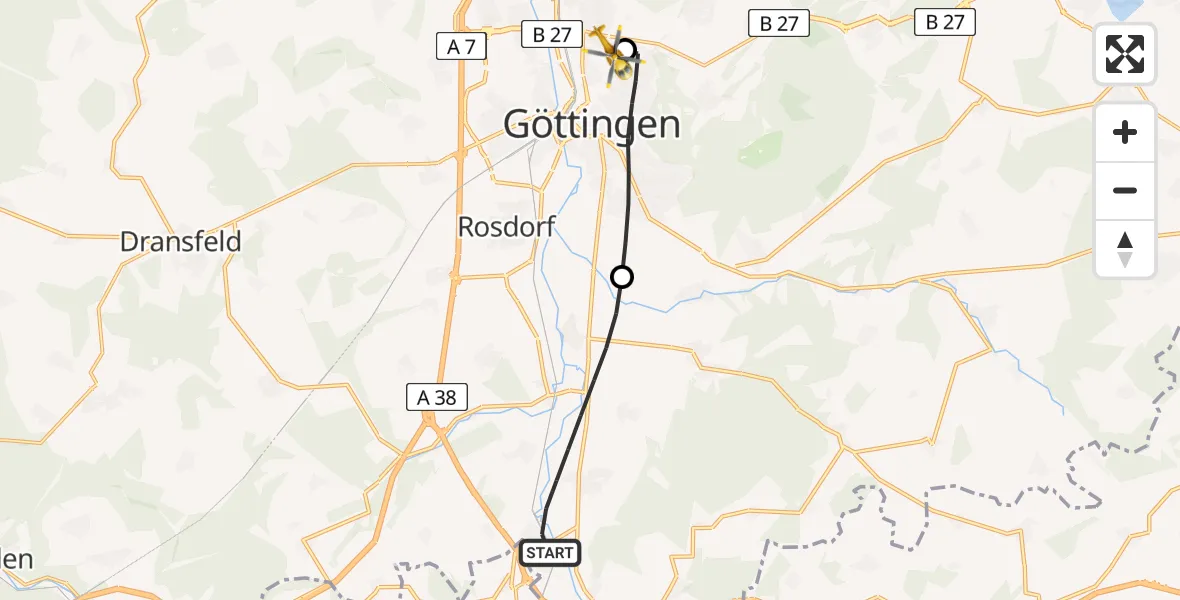 Flugroute Rettungshubschrauber Friedland - Göttingen University Clinic Hubschrauberlandeplatz, 31 August 2026, 11:29