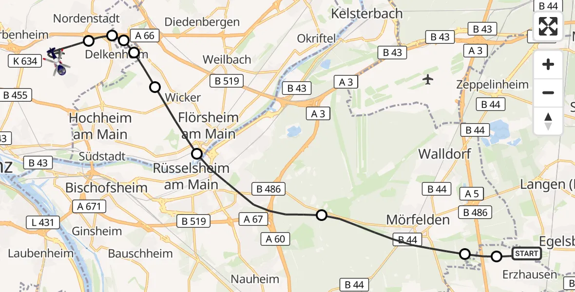 Flugroute Polizeihubschrauber Flughafen Frankfurt-Egelsbach - Wiesbaden Militärflugplatz, 31 August 2026, 11:30