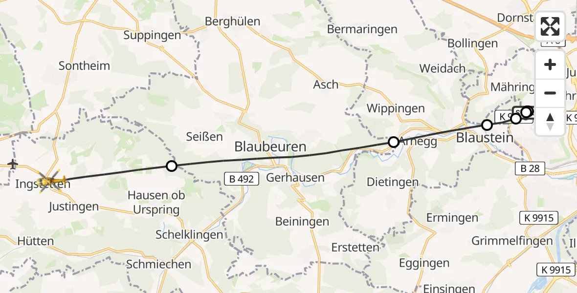 Flugroute Rettungshubschrauber Ulm Military Hospital Emergency - Schelklingen, 31 August 2026, 11:44