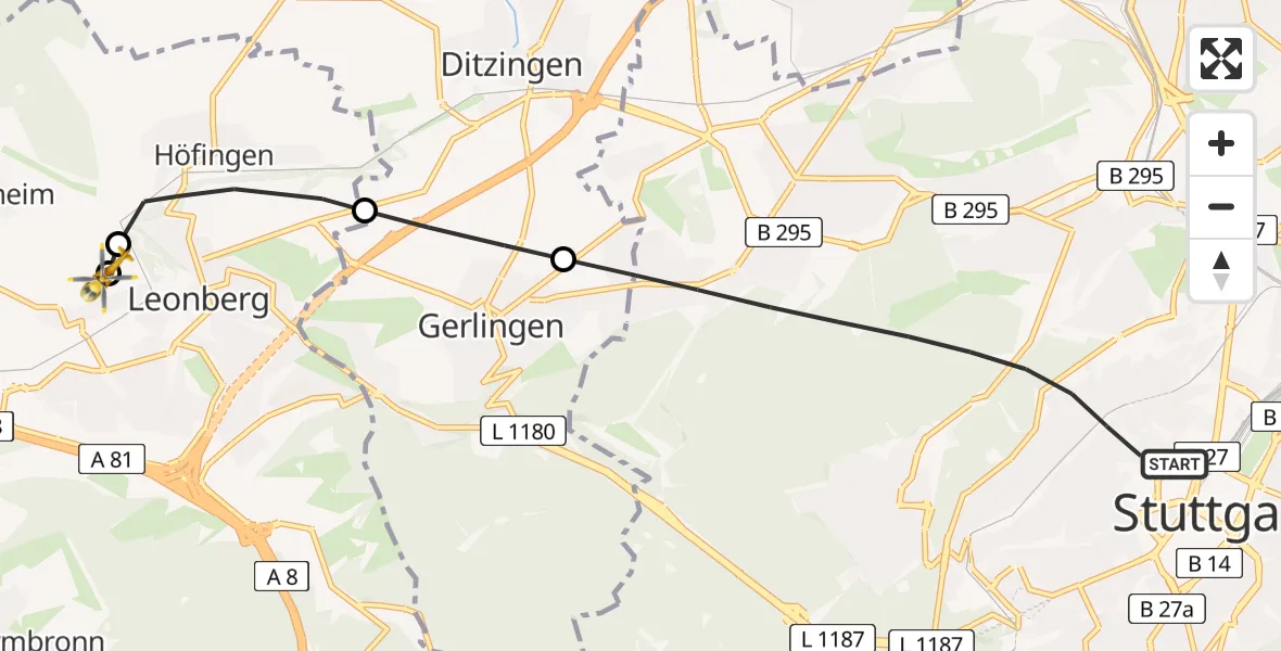 Flugroute Rettungshubschrauber Stuttgart - Leonberg Hospital, 31 August 2026, 11:44