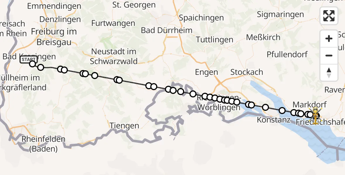 Flugroute Rettungshubschrauber Bad Krozingen - Friedrichshafen Hospital, 31 August 2026, 11:57