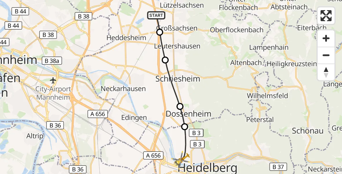 Flugroute Rettungshubschrauber Heddesheim - Heidelberg, 31 August 2026, 11:59