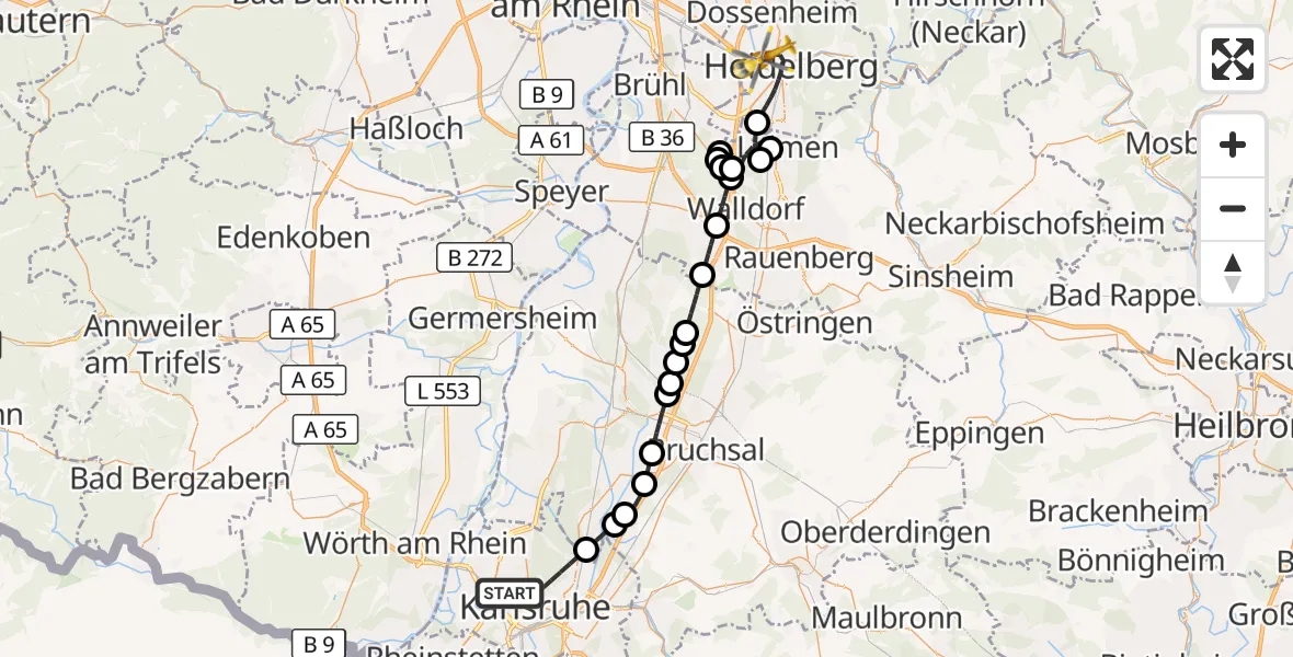 Flugroute Ambulanzhubschrauber Karlsruhe - Heidelberg, 31 August 2026, 12:04