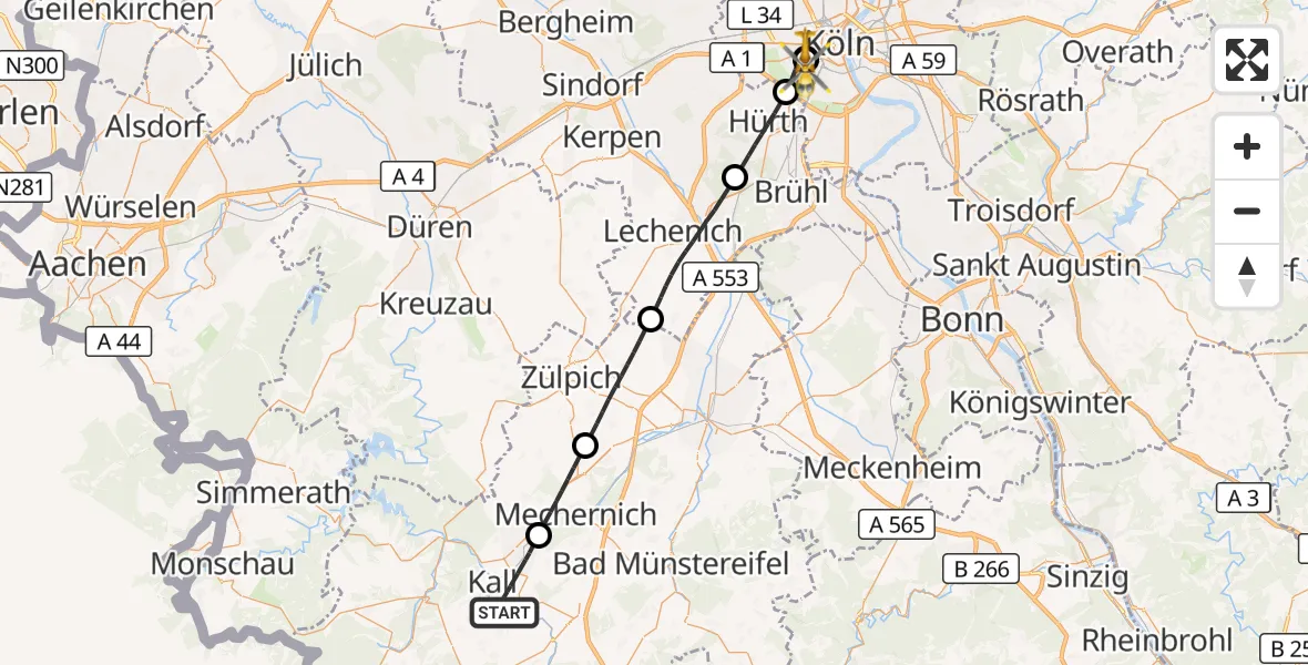 Flugroute Rettungshubschrauber Kall - Köln University Hospital, 31 August 2026, 12:06