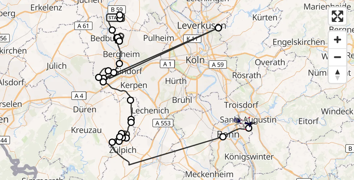 Flugroute Polizeihubschrauber Grevenbroich - Bonn-Hangelar Flugplatz, 31 August 2026, 12:08