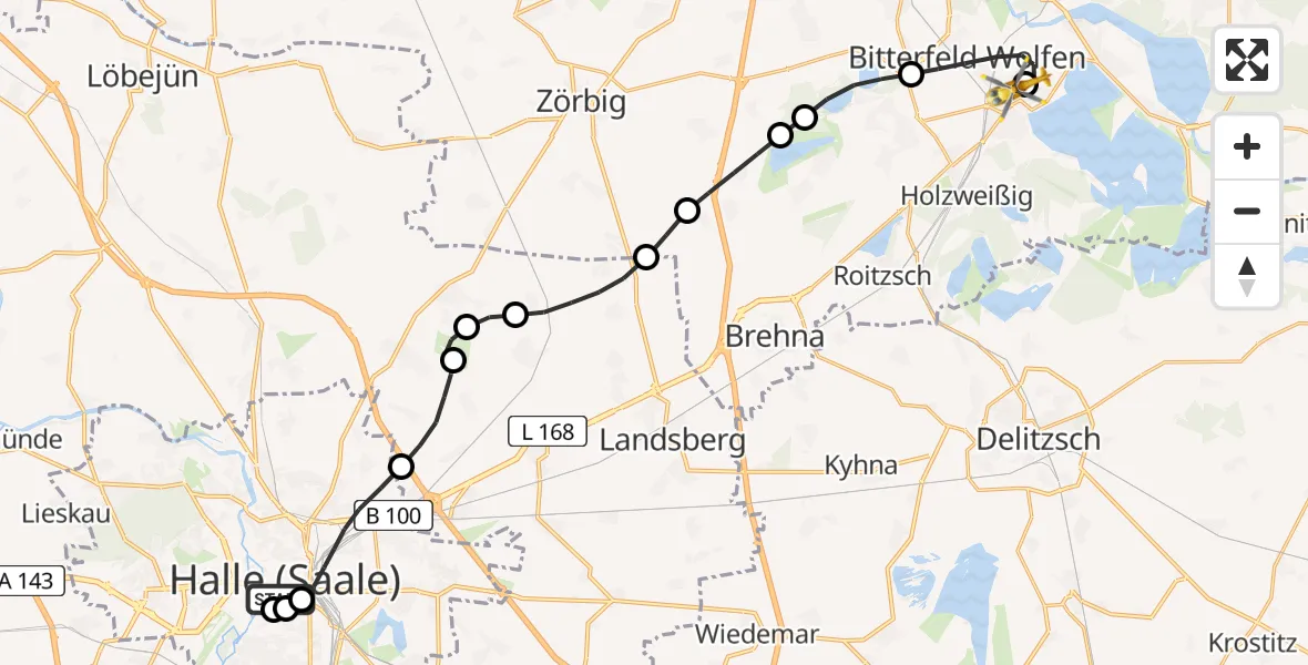 Flugroute Rettungshubschrauber Sankt Elisabeth and Sankt Barbara Hospital Halle (Saale) - Bitterfield-Wolfen Health Center Hubschrauberlandeplatz, 31 August 2026, 12:11