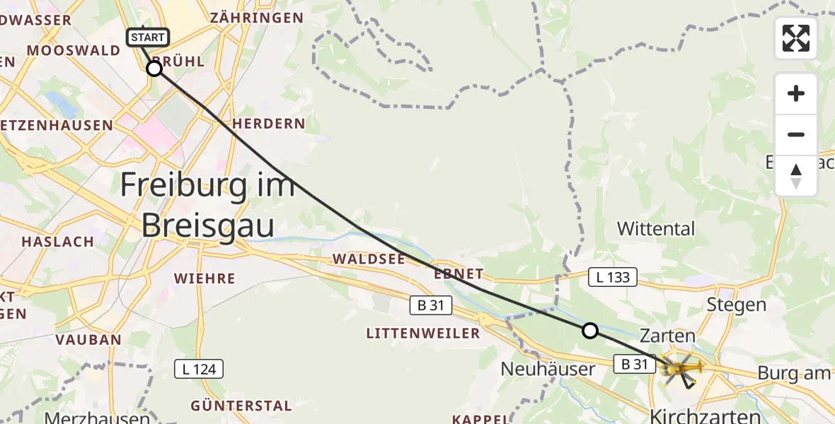 Flugroute Ambulanzhubschrauber Freiburg im Breisgau Flugplatz - Kirchzarten, 31 August 2026, 12:14