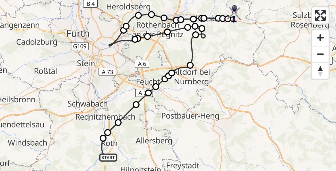 Flugroute Polizeihubschrauber Roth - Pommelsbrunn, 31 August 2026, 12:15