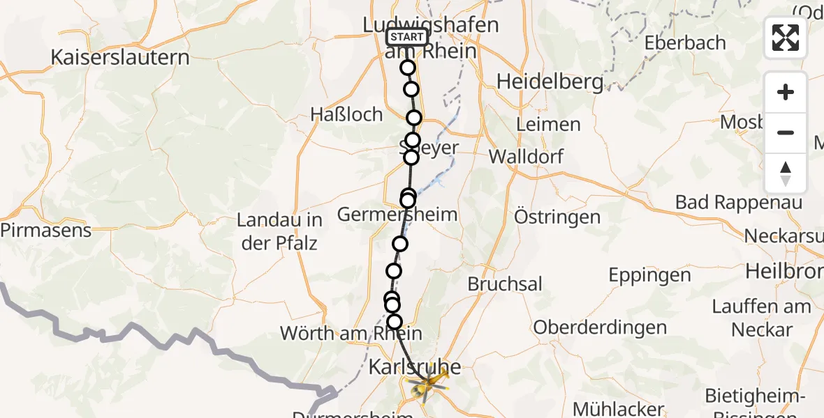 Flugroute Rettungshubschrauber Ludwigshafen am Rhein - Karlsruhe, 31 August 2026, 12:19