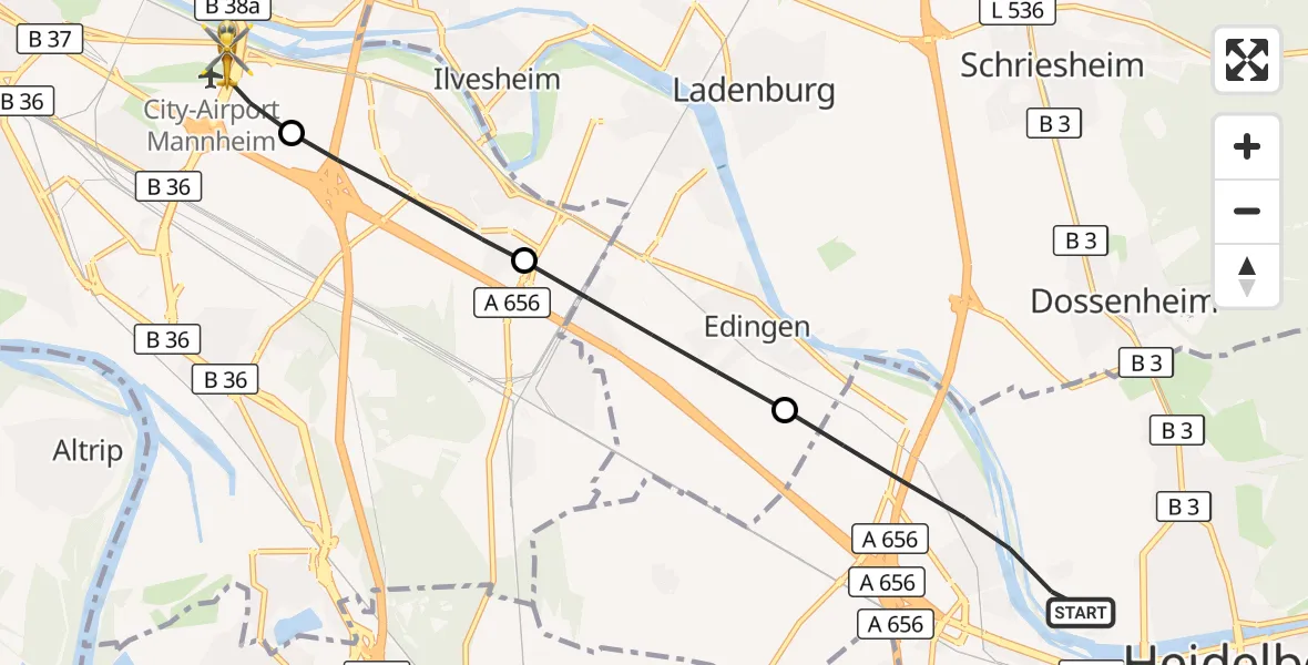 Flugroute Rettungshubschrauber Heidelberg - Mannheim-City Flughafen, 31 August 2026, 12:21