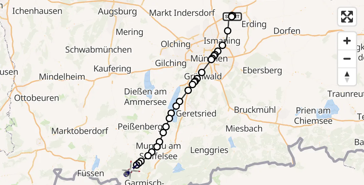 Flugroute Polizeihubschrauber München Flughafen - Unterammergau, 31 August 2026, 12:30