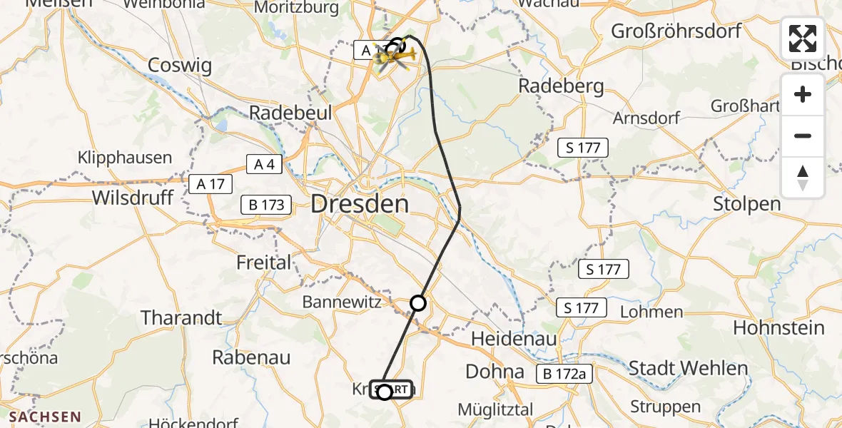 Flugroute Rettungshubschrauber Bavaria Hospital Kreischa - Dresden Flughafen, 31 August 2026, 12:34