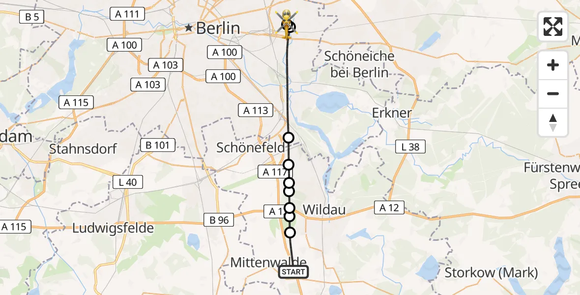 Flugroute Rettungshubschrauber Mittenwalde - Berlin Emergency Hospital, 31 August 2026, 12:37