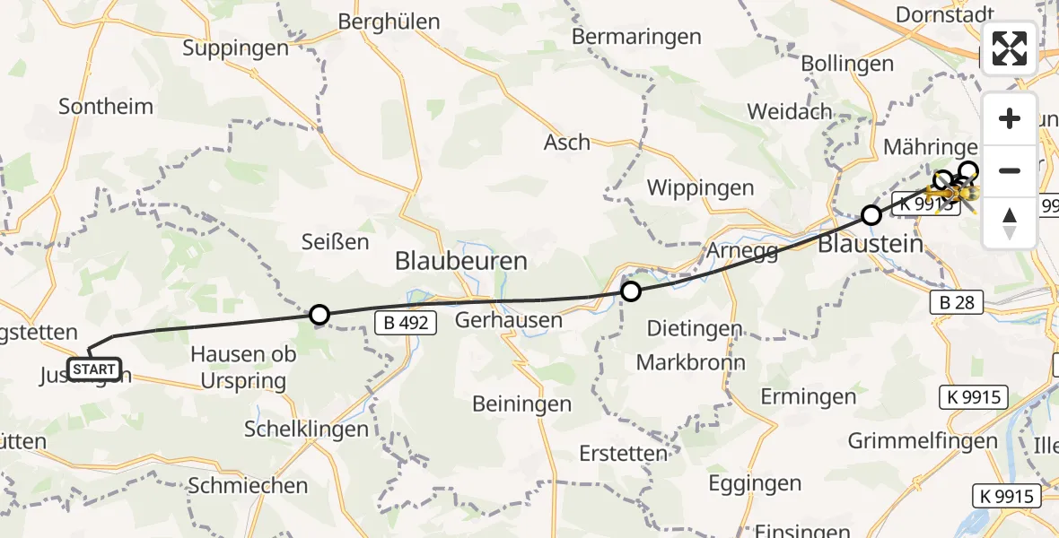 Flugroute Rettungshubschrauber Schelklingen - ADAC Air Rescue Station Ulm (Christoph 22), 31 August 2026, 12:44