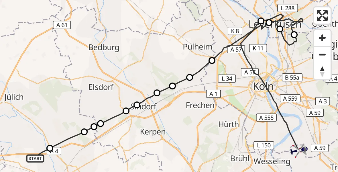 Flugroute Polizeihubschrauber Düren - Niederkassel, 31 August 2026, 12:54