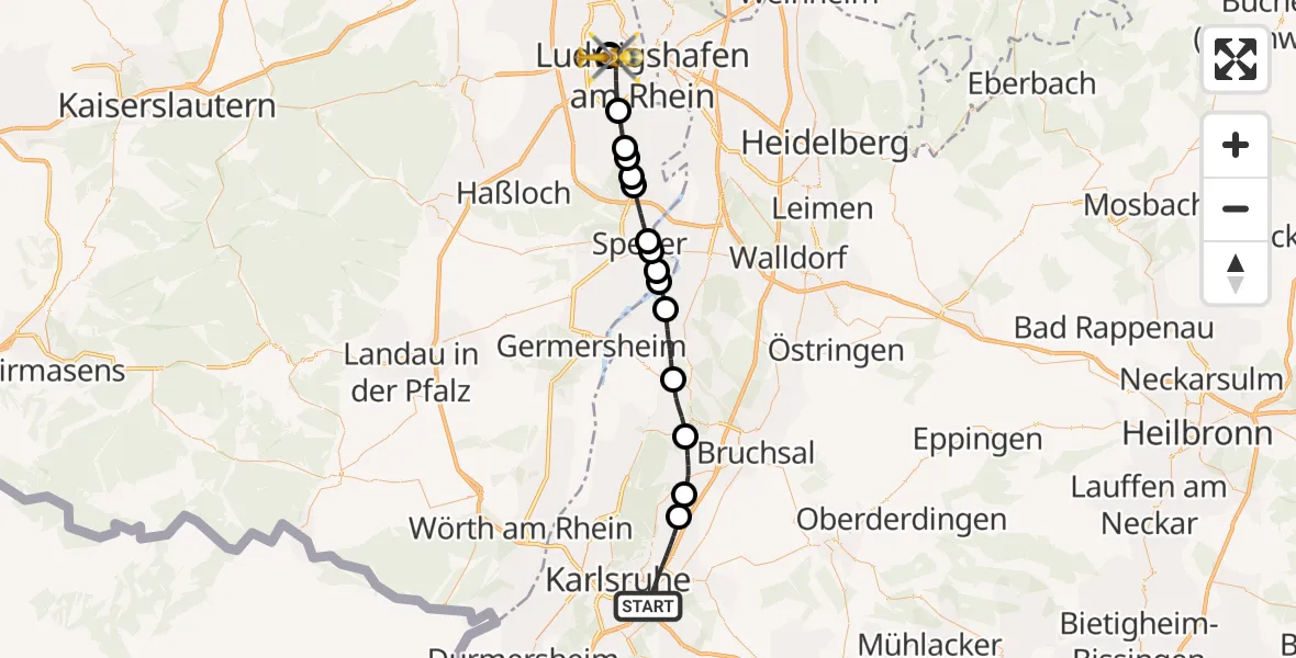 Flugroute Rettungshubschrauber Karlsruhe - Ludwigshafen Accident Hospital, 31 August 2026, 13:02