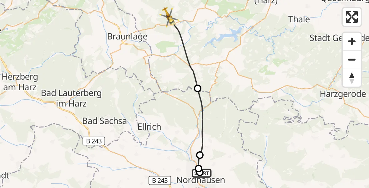 Flugroute Rettungshubschrauber Südharz Hospital Nordhausen - Oberharz am Brocken, 31 August 2026, 13:03